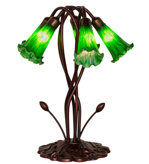 Meyda Lighting Tiffany Pond Lily 17" 5-Light Mahogany Bronze Accent Table Lamp With Green Shade Glass