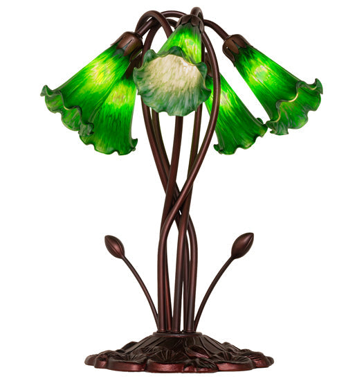 Meyda Lighting Tiffany Pond Lily 17" 5-Light Mahogany Bronze Accent Table Lamp With Green Shade Glass