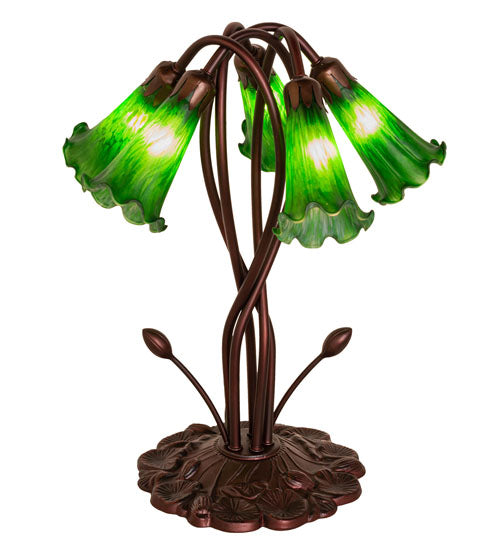 Meyda Lighting Tiffany Pond Lily 17" 5-Light Mahogany Bronze Accent Table Lamp With Green Shade Glass