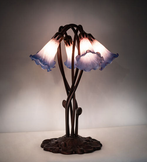 Meyda Lighting Tiffany Pond Lily 17" 5-Light Mahogany Bronze Accent Table Lamp With Pink & Blue Shade Glass