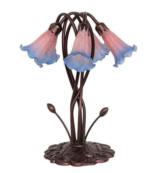 Meyda Lighting Tiffany Pond Lily 17" 5-Light Mahogany Bronze Accent Table Lamp With Pink & Blue Shade Glass