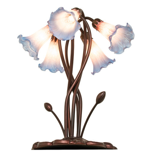 Meyda Lighting Tiffany Pond Lily 17" 5-Light Mahogany Bronze Accent Table Lamp With Pink & Blue Shade Glass