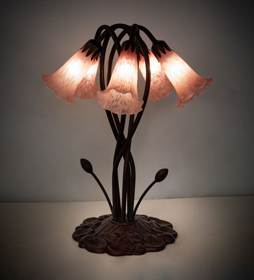 Meyda Lighting Tiffany Pond Lily 17" 5-Light Mahogany Bronze Accent Table Lamp With Pink Shade Glass
