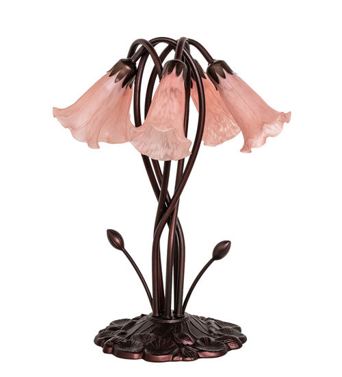Meyda Lighting Tiffany Pond Lily 17" 5-Light Mahogany Bronze Accent Table Lamp With Pink Shade Glass