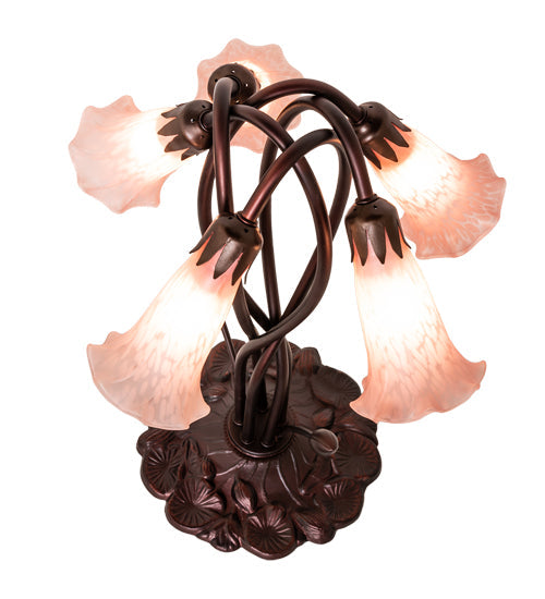 Meyda Lighting Tiffany Pond Lily 17" 5-Light Mahogany Bronze Accent Table Lamp With Pink Shade Glass