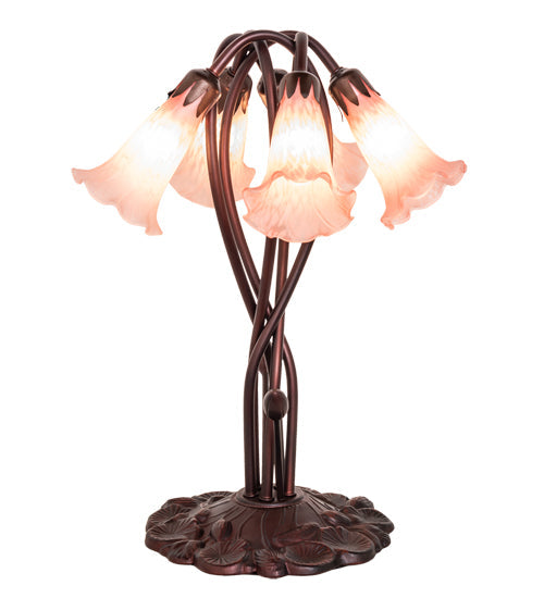 Meyda Lighting Tiffany Pond Lily 17" 5-Light Mahogany Bronze Accent Table Lamp With Pink Shade Glass