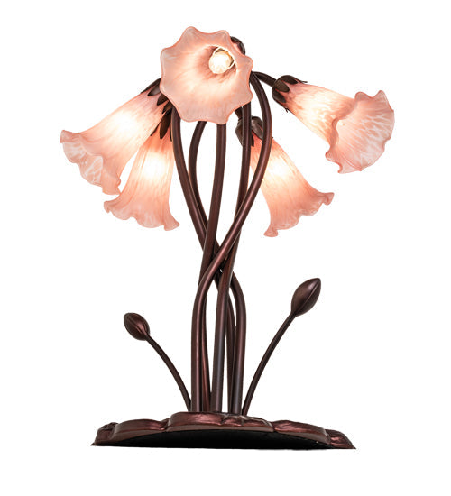 Meyda Lighting Tiffany Pond Lily 17" 5-Light Mahogany Bronze Accent Table Lamp With Pink Shade Glass