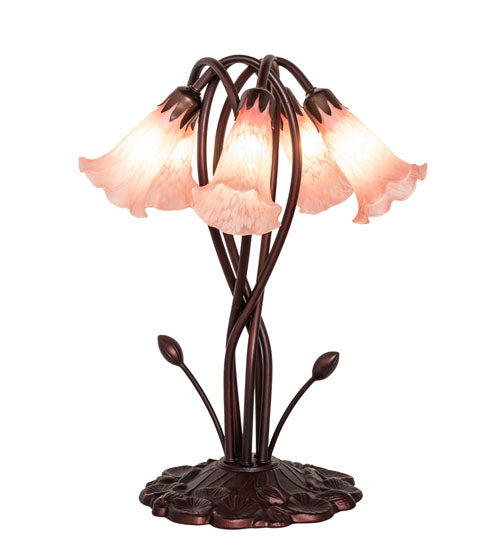 Meyda Lighting Tiffany Pond Lily 17" 5-Light Mahogany Bronze Accent Table Lamp With Pink Shade Glass