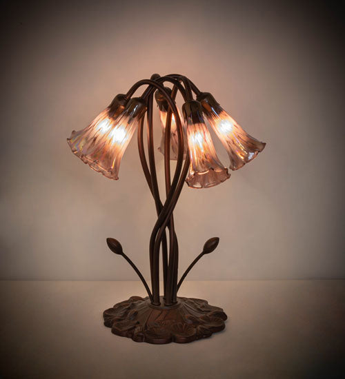 Meyda Lighting Tiffany Pond Lily 17" 5-Light Mahogany Bronze Accent Table Lamp With Purple Iridescent Shade Glass