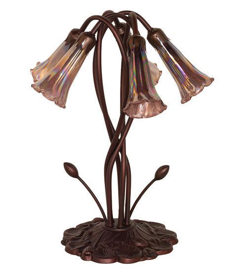 Meyda Lighting Tiffany Pond Lily 17" 5-Light Mahogany Bronze Accent Table Lamp With Purple Iridescent Shade Glass
