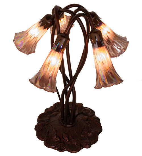 Meyda Lighting Tiffany Pond Lily 17" 5-Light Mahogany Bronze Accent Table Lamp With Purple Iridescent Shade Glass