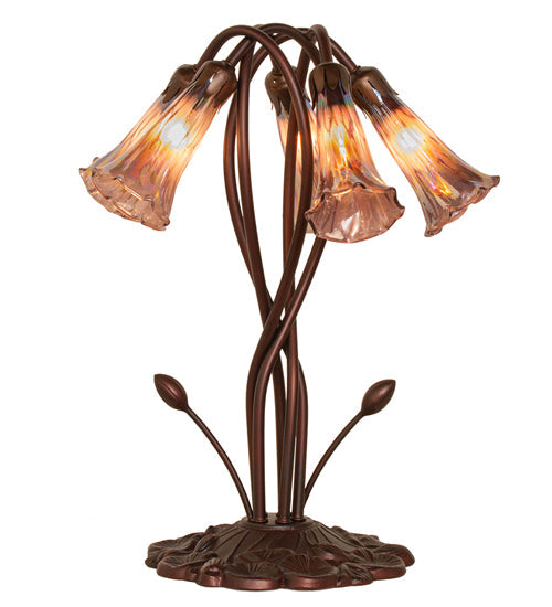 Meyda Lighting Tiffany Pond Lily 17" 5-Light Mahogany Bronze Accent Table Lamp With Purple Iridescent Shade Glass
