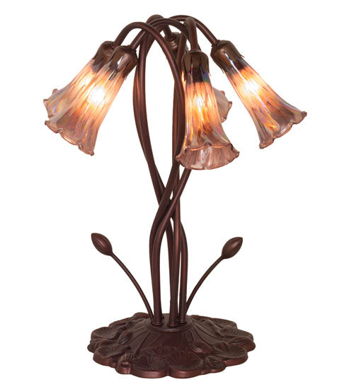 Meyda Lighting Tiffany Pond Lily 17" 5-Light Mahogany Bronze Accent Table Lamp With Purple Iridescent Shade Glass