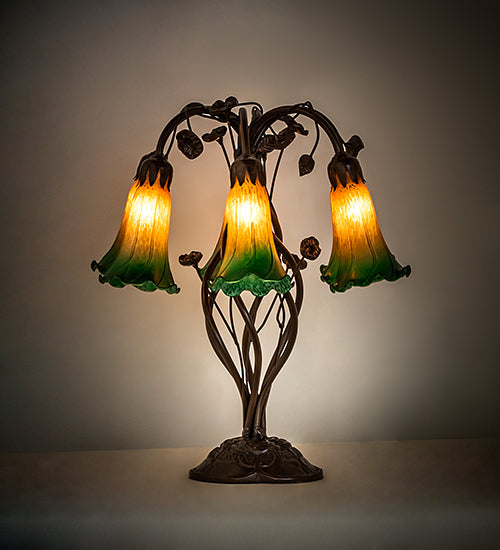 Meyda Lighting Tiffany Pond Lily 18" 6-Light Mahogany Bronze Table Lamp With Amber & Green Shade Glass