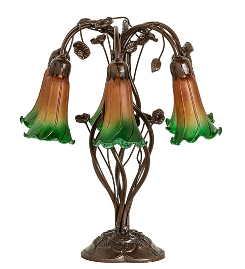 Meyda Lighting Tiffany Pond Lily 18" 6-Light Mahogany Bronze Table Lamp With Amber & Green Shade Glass
