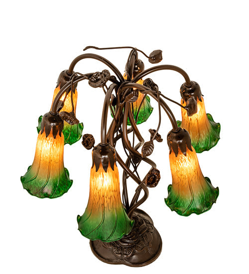 Meyda Lighting Tiffany Pond Lily 18" 6-Light Mahogany Bronze Table Lamp With Amber & Green Shade Glass