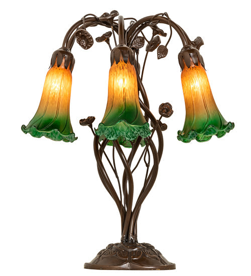 Meyda Lighting Tiffany Pond Lily 18" 6-Light Mahogany Bronze Table Lamp With Amber & Green Shade Glass