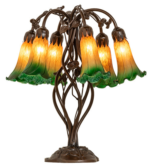 Meyda Lighting Tiffany Pond Lily 18" 6-Light Mahogany Bronze Table Lamp With Amber & Green Shade Glass