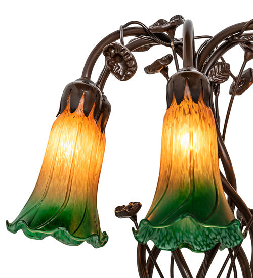 Meyda Lighting Tiffany Pond Lily 18" 6-Light Mahogany Bronze Table Lamp With Amber & Green Shade Glass