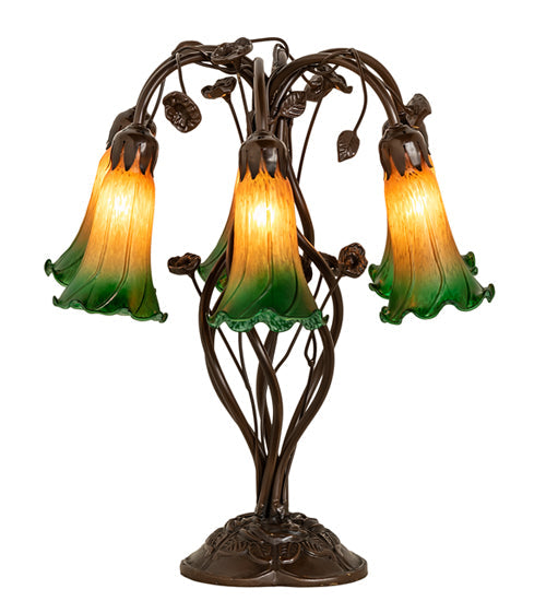 Meyda Lighting Tiffany Pond Lily 18" 6-Light Mahogany Bronze Table Lamp With Amber & Green Shade Glass