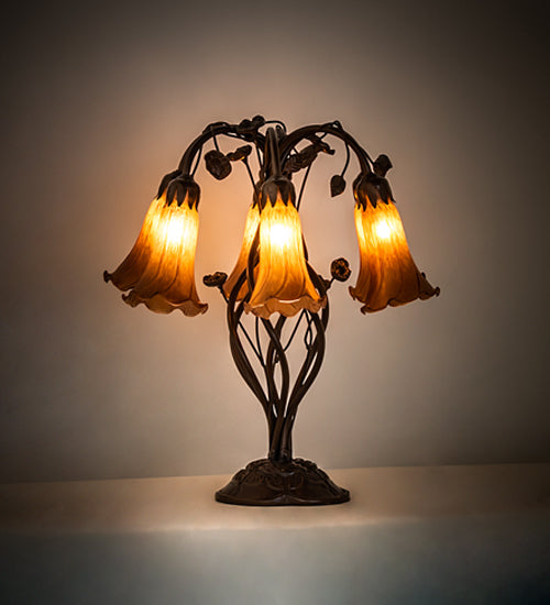 Meyda Lighting Tiffany Pond Lily 18" 6-Light Mahogany Bronze Table Lamp With Amber Shade Glass