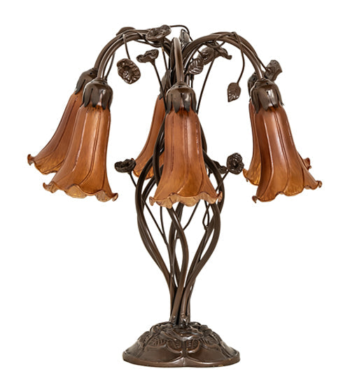 Meyda Lighting Tiffany Pond Lily 18" 6-Light Mahogany Bronze Table Lamp With Amber Shade Glass