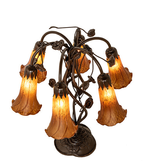 Meyda Lighting Tiffany Pond Lily 18" 6-Light Mahogany Bronze Table Lamp With Amber Shade Glass