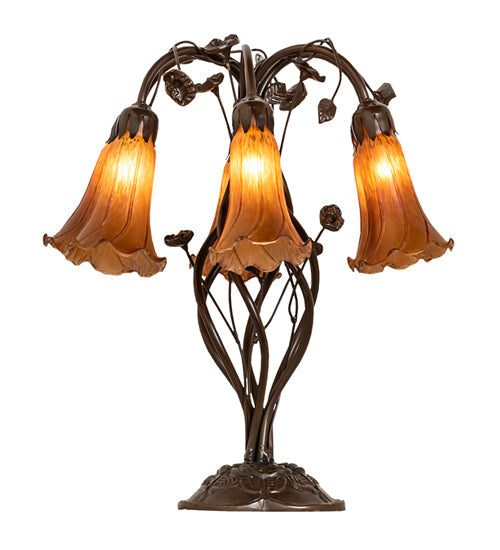 Meyda Lighting Tiffany Pond Lily 18" 6-Light Mahogany Bronze Table Lamp With Amber Shade Glass