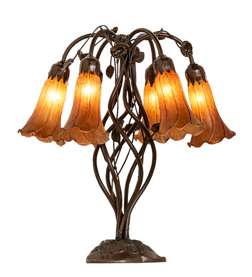 Meyda Lighting Tiffany Pond Lily 18" 6-Light Mahogany Bronze Table Lamp With Amber Shade Glass