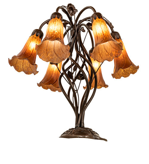 Meyda Lighting Tiffany Pond Lily 18" 6-Light Mahogany Bronze Table Lamp With Amber Shade Glass