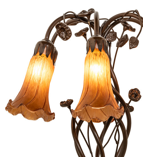 Meyda Lighting Tiffany Pond Lily 18" 6-Light Mahogany Bronze Table Lamp With Amber Shade Glass
