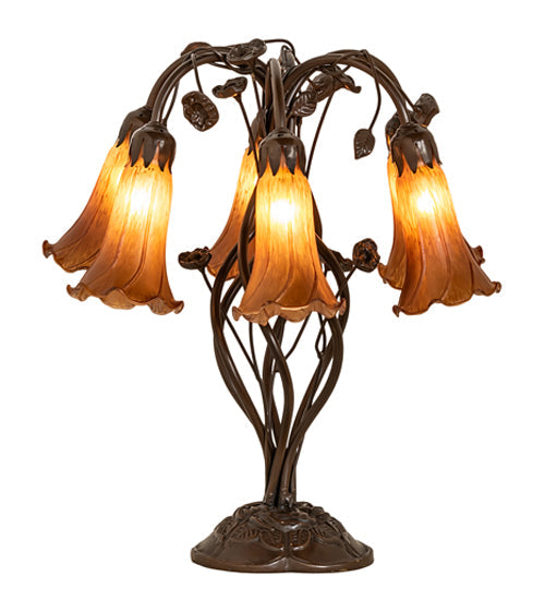 Meyda Lighting Tiffany Pond Lily 18" 6-Light Mahogany Bronze Table Lamp With Amber Shade Glass