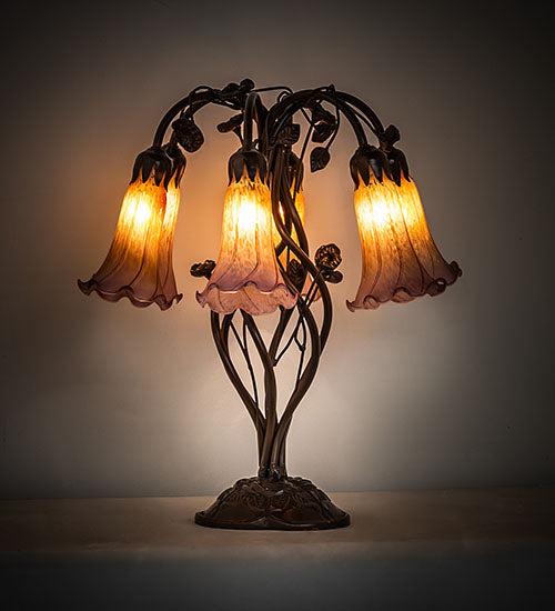 Meyda Lighting Tiffany Pond Lily 18" 6-Light Mahogany Bronze Table Lamp With Amber & Violet Shade Glass