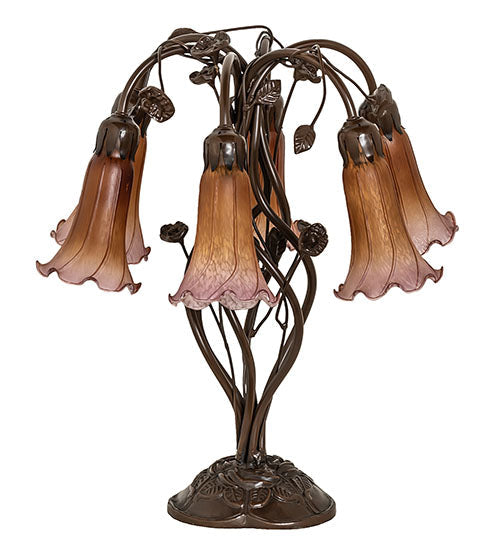 Meyda Lighting Tiffany Pond Lily 18" 6-Light Mahogany Bronze Table Lamp With Amber & Violet Shade Glass