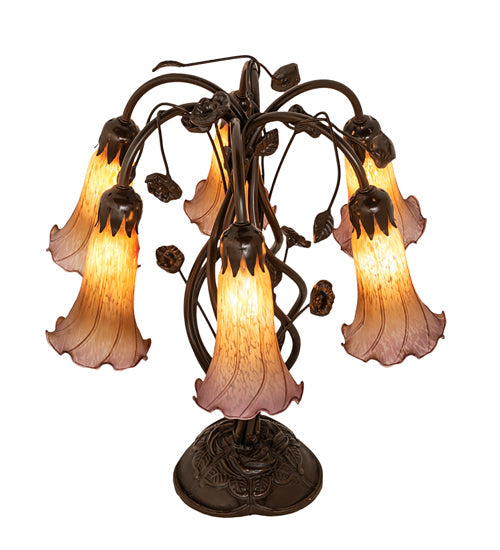 Meyda Lighting Tiffany Pond Lily 18" 6-Light Mahogany Bronze Table Lamp With Amber & Violet Shade Glass