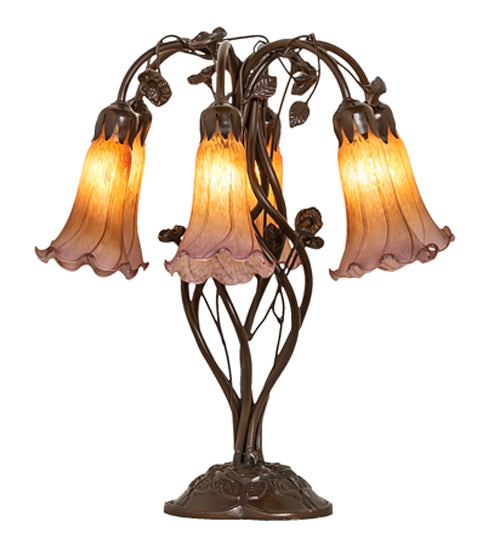 Meyda Lighting Tiffany Pond Lily 18" 6-Light Mahogany Bronze Table Lamp With Amber & Violet Shade Glass