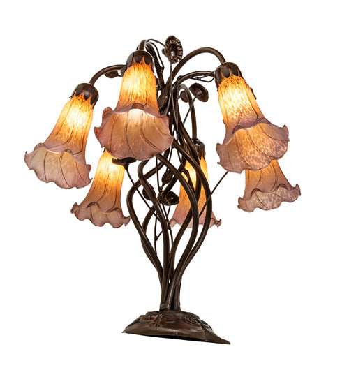 Meyda Lighting Tiffany Pond Lily 18" 6-Light Mahogany Bronze Table Lamp With Amber & Violet Shade Glass