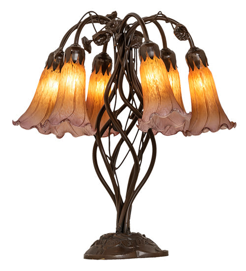 Meyda Lighting Tiffany Pond Lily 18" 6-Light Mahogany Bronze Table Lamp With Amber & Violet Shade Glass