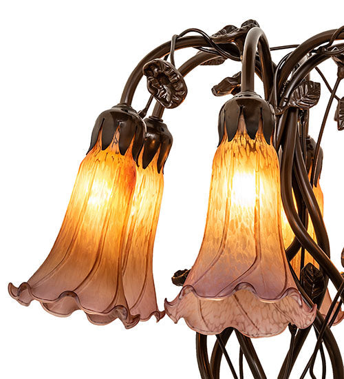 Meyda Lighting Tiffany Pond Lily 18" 6-Light Mahogany Bronze Table Lamp With Amber & Violet Shade Glass