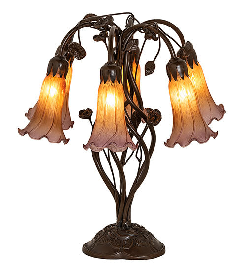 Meyda Lighting Tiffany Pond Lily 18" 6-Light Mahogany Bronze Table Lamp With Amber & Violet Shade Glass