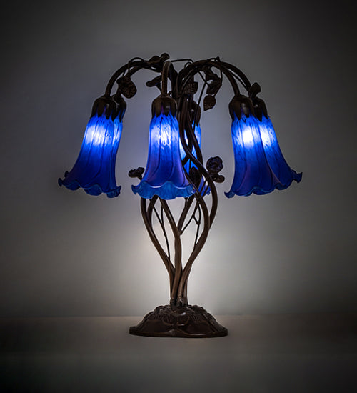 Meyda Lighting Tiffany Pond Lily 18" 6-Light Mahogany Bronze Table Lamp With Blue Favrile Shade Glass