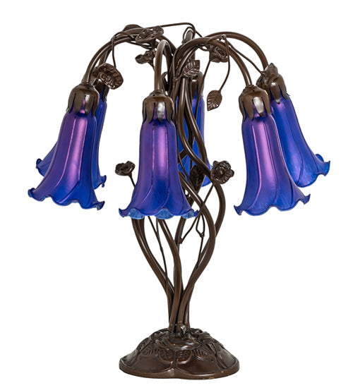 Meyda Lighting Tiffany Pond Lily 18" 6-Light Mahogany Bronze Table Lamp With Blue Favrile Shade Glass