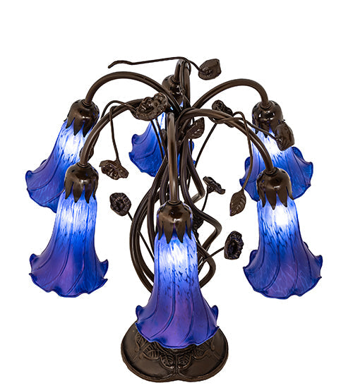 Meyda Lighting Tiffany Pond Lily 18" 6-Light Mahogany Bronze Table Lamp With Blue Favrile Shade Glass