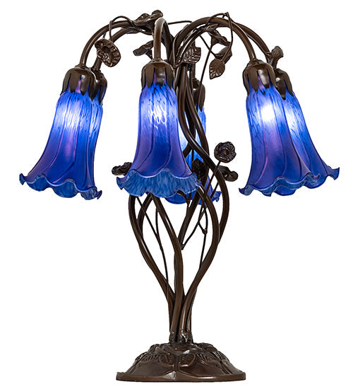 Meyda Lighting Tiffany Pond Lily 18" 6-Light Mahogany Bronze Table Lamp With Blue Favrile Shade Glass