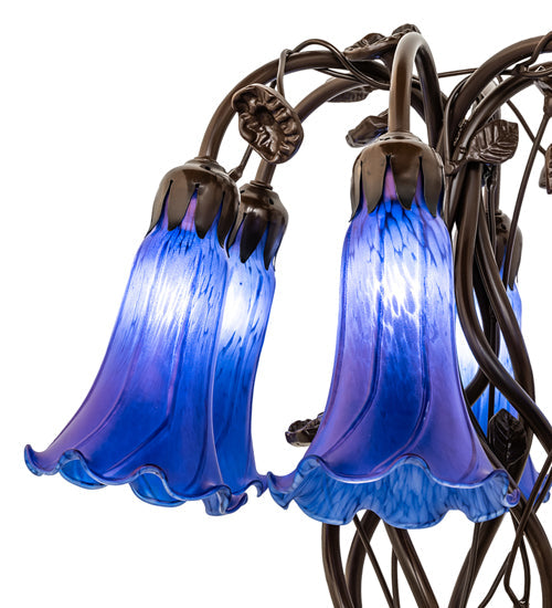Meyda Lighting Tiffany Pond Lily 18" 6-Light Mahogany Bronze Table Lamp With Blue Favrile Shade Glass