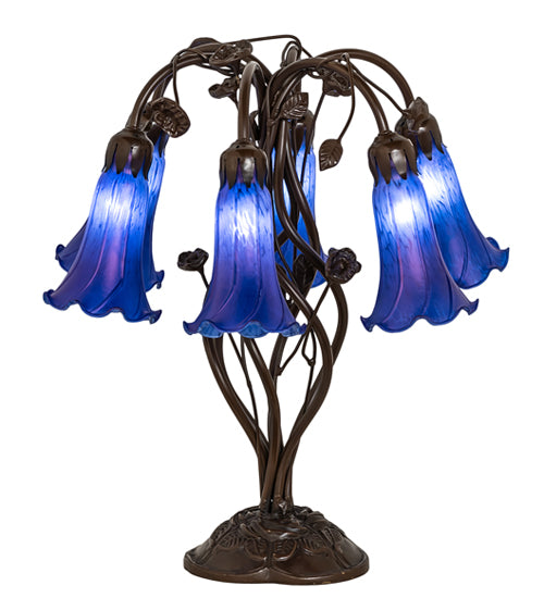 Meyda Lighting Tiffany Pond Lily 18" 6-Light Mahogany Bronze Table Lamp With Blue Favrile Shade Glass