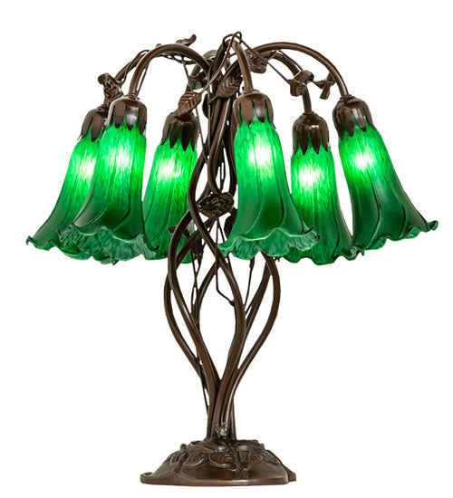 Meyda Lighting Tiffany Pond Lily 18" 6-Light Mahogany Bronze Table Lamp With Green Shade Glass