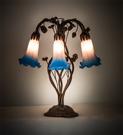 Meyda Lighting Tiffany Pond Lily 18" 6-Light Mahogany Bronze Table Lamp With Pink & Blue Shade Glass