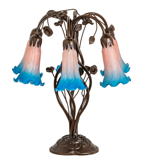 Meyda Lighting Tiffany Pond Lily 18" 6-Light Mahogany Bronze Table Lamp With Pink & Blue Shade Glass