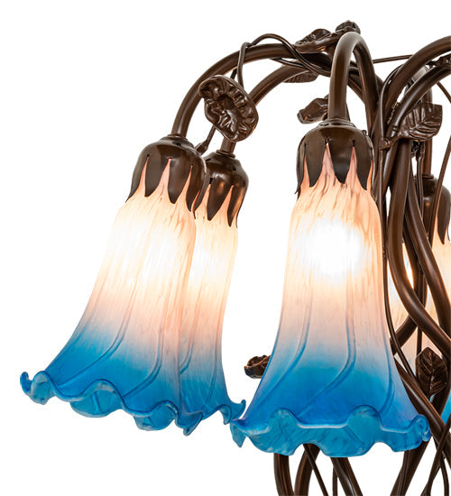 Meyda Lighting Tiffany Pond Lily 18" 6-Light Mahogany Bronze Table Lamp With Pink & Blue Shade Glass
